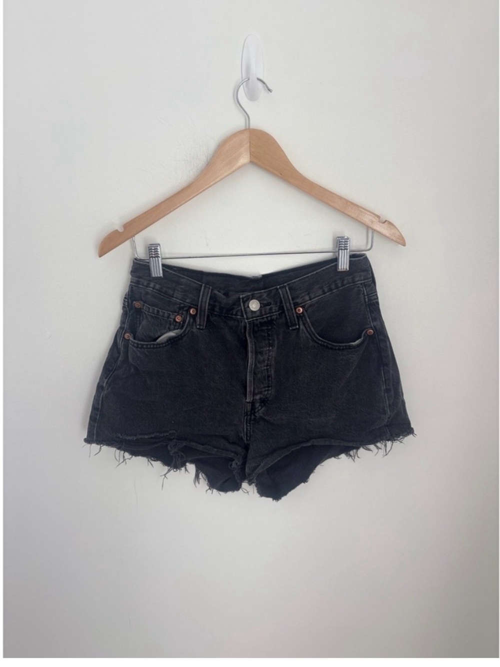 Levis 501 Original High Rise Cut Off Denim Shorts Faded Black- size 28 Raw Hem